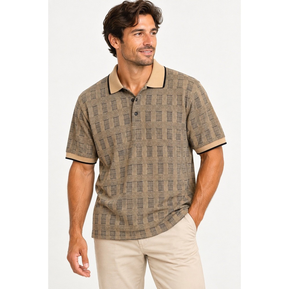 Pebble Beach Polo Shirt Mens Medium Tan Brown Plaid Cotton Short Sleeve Golf